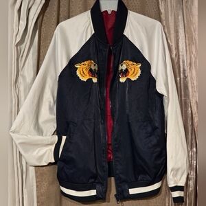 H&M Japan Tiger Embroidered Bomber Varsity Jacket Large Navy and White